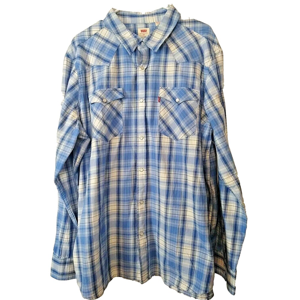 Levi's Men's Western Standard Fit Blue Long Sleeve Pearl Snap Plaid Shirt 2XL